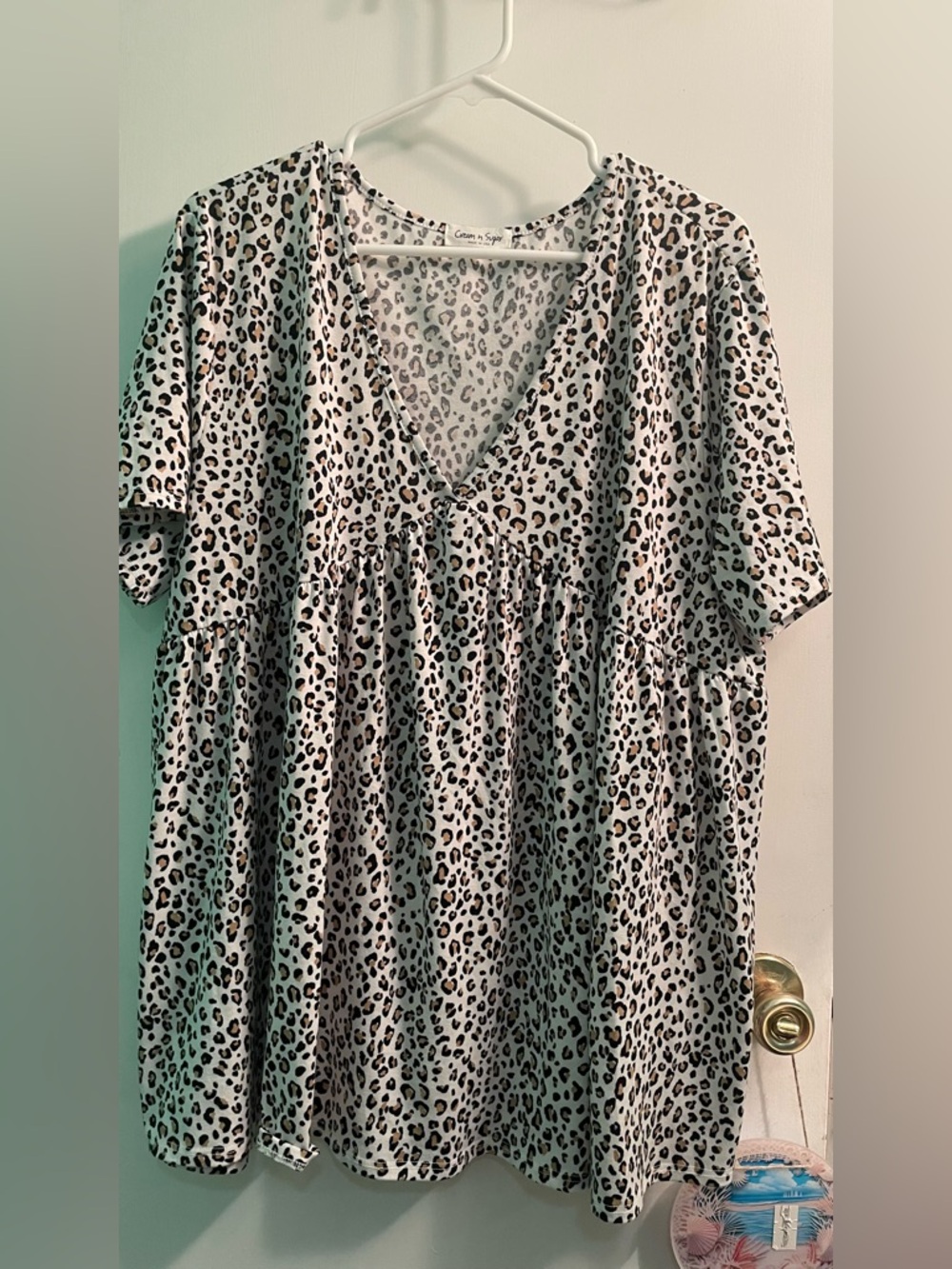 Cream n Sugar Leopard Print V-Neck Babydoll top - Cream, Black, Brown